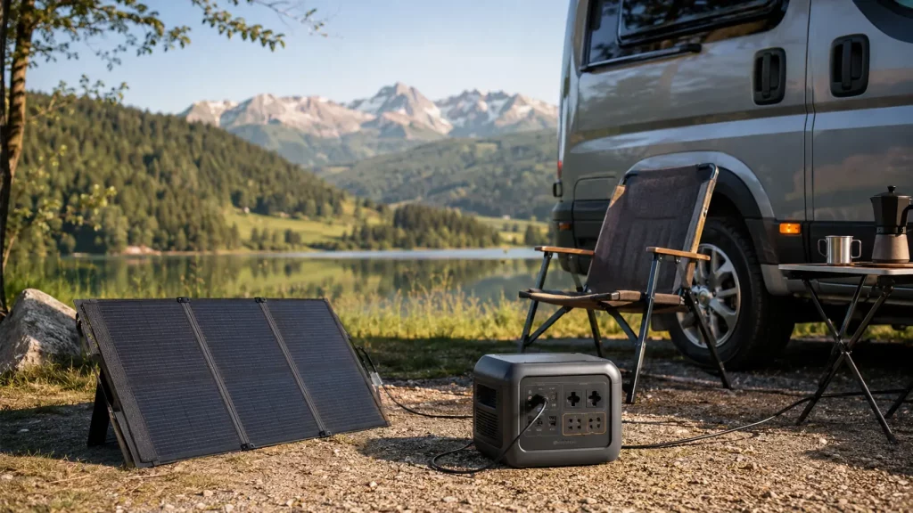 Powerstation und Solarpanel neben einem Camper am Bergsee