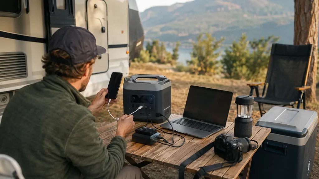 Smartphone, Laptop, Kamera, Lampe und Kühlbox an einer Camping-Powerstation