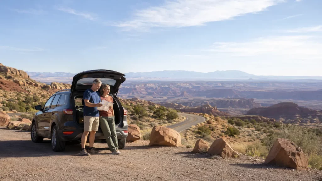 Paar plant einen USA-Roadtrip mit Mietwagen an einem Aussichtspunkt im Südwesten