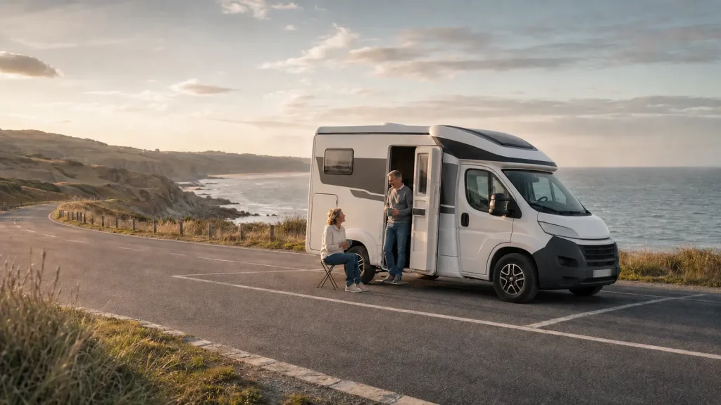 Wohnmobil bei einer Pause auf einer flexiblen Rundreise an der Küste