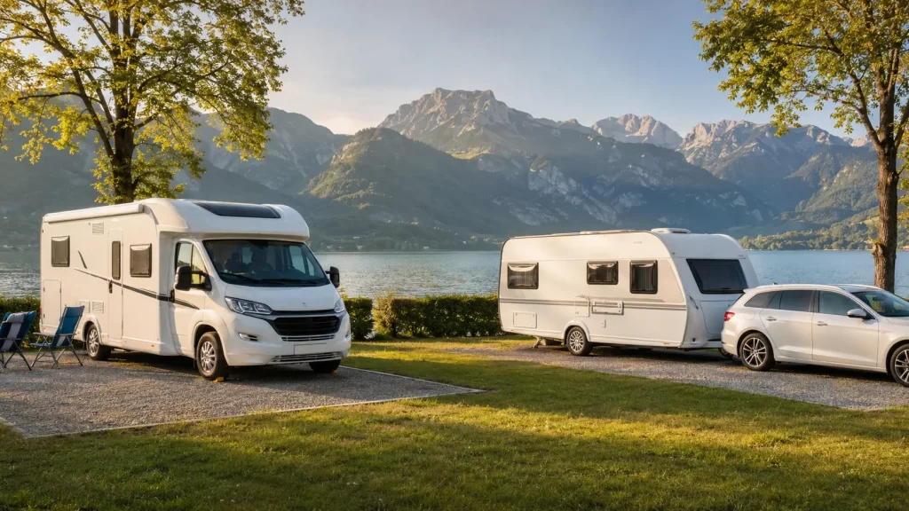 Wohnmobil und Wohnwagen auf einem Campingplatz am Bergsee