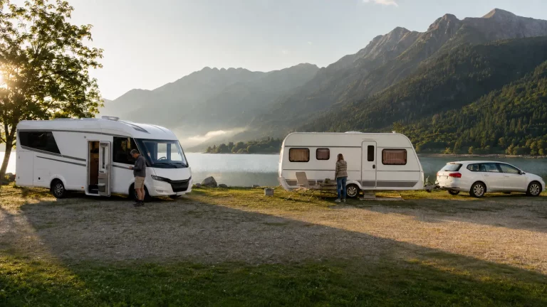 Wohnmobil und Wohnwagen mit Auto im direkten Vergleich an einem See