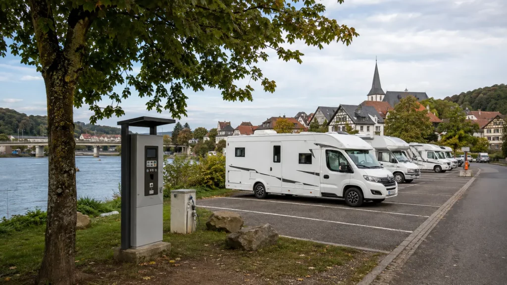 Offizieller Wohnmobilstellplatz am Fluss nahe einer kleinen Stadt