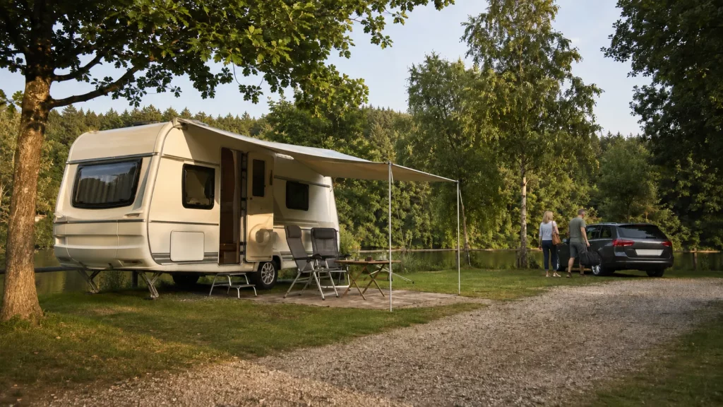 Wohnwagen auf dem Campingplatz mit abgekoppeltem Auto für Ausflüge