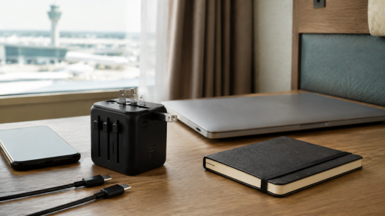 Universal-Reiseadapter mit USB-C auf einem Tisch am Flughafen