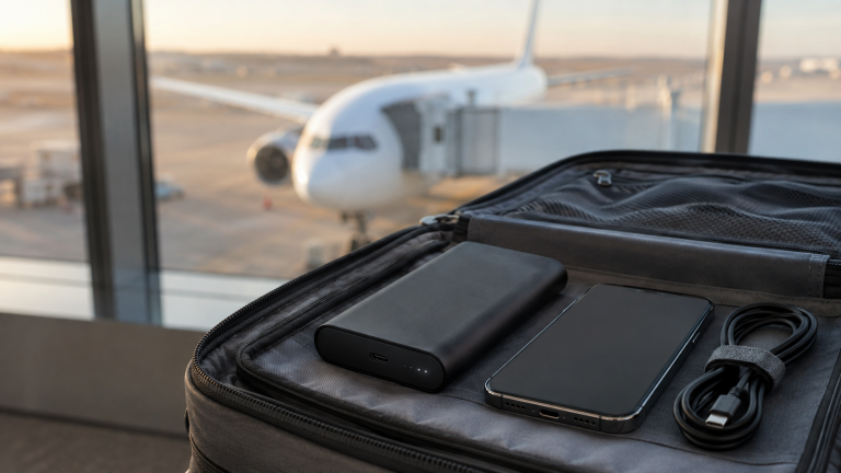 Powerbank und Technik im Handgepäck am Flughafen