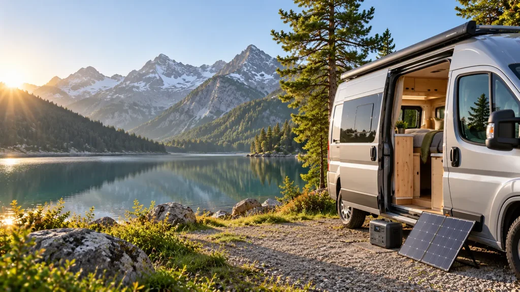 Campervan mit Solarpanel und Powerstation an einem Bergsee
